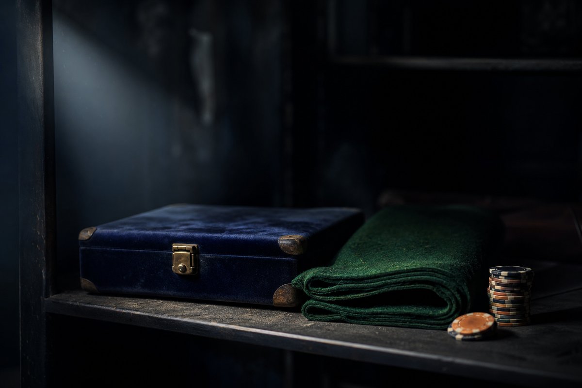 Staubiges Archivregal mit geschlossener Samt-Chipbox und gefaltetem grünem Filztuch, Lichtstrahl