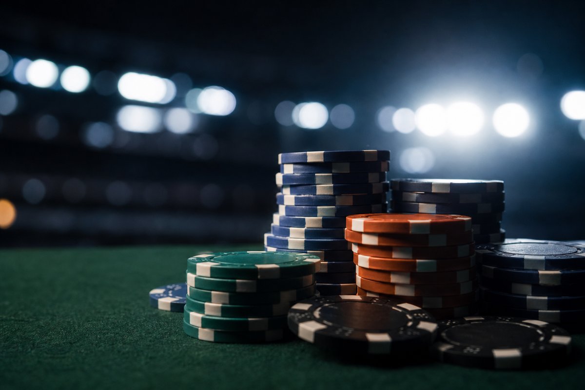 Gestapelte Casino-Chips auf grünem Filz, verschwommenes Stadionlicht im Hintergrund