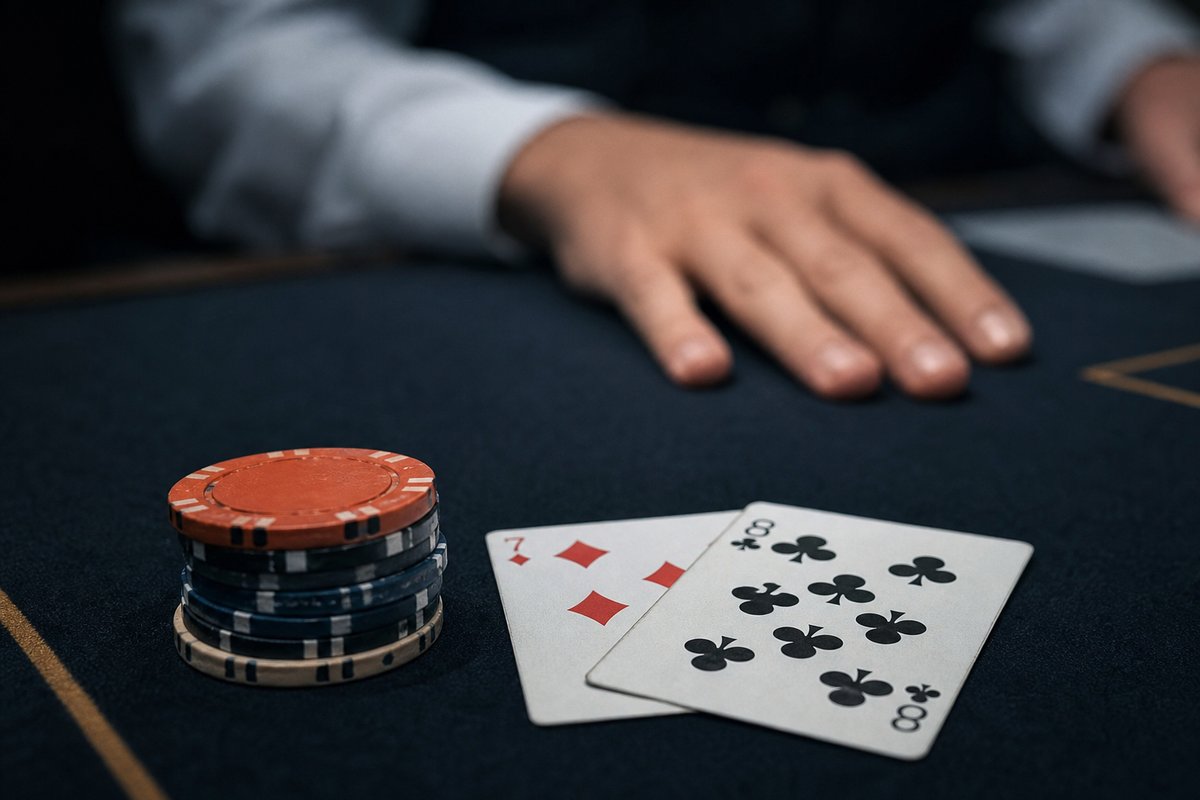 Zwei aufgedeckte Karten neben einem Chipstapel auf dunklem Blackjack-Filz