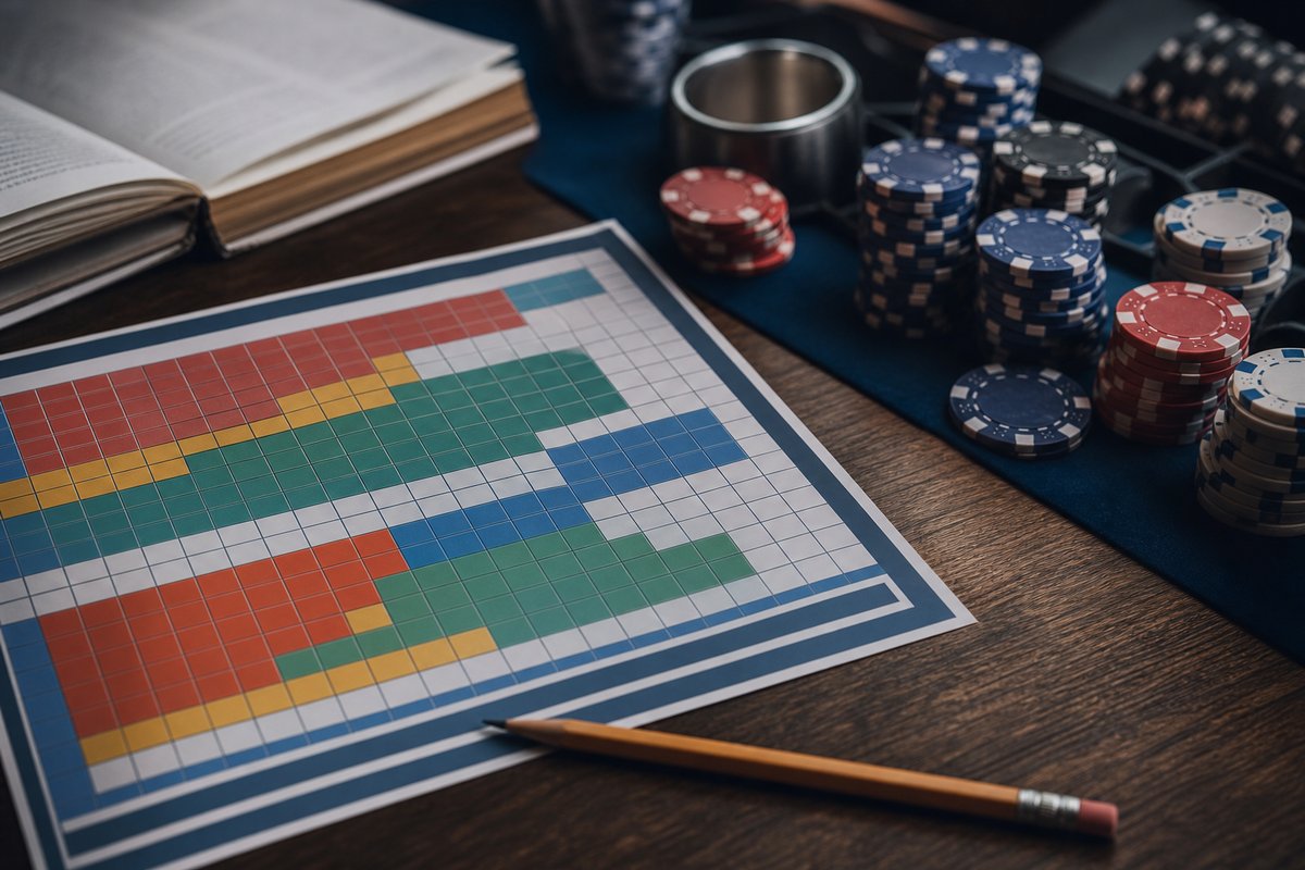 Strategiekarte mit farbigen Feldern neben Chips und Bleistift