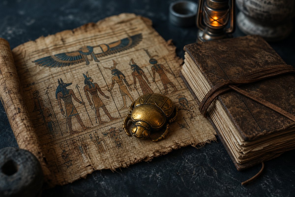 Papyrus, goldener Skarabäus und Forschernotizbuch auf dunklem Stein