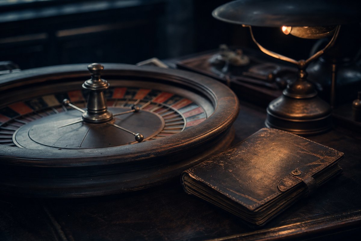 Antikes Roulette-Rad neben einem alten ledergebundenen Wett-Journal, Messing-Schreibtischlampe