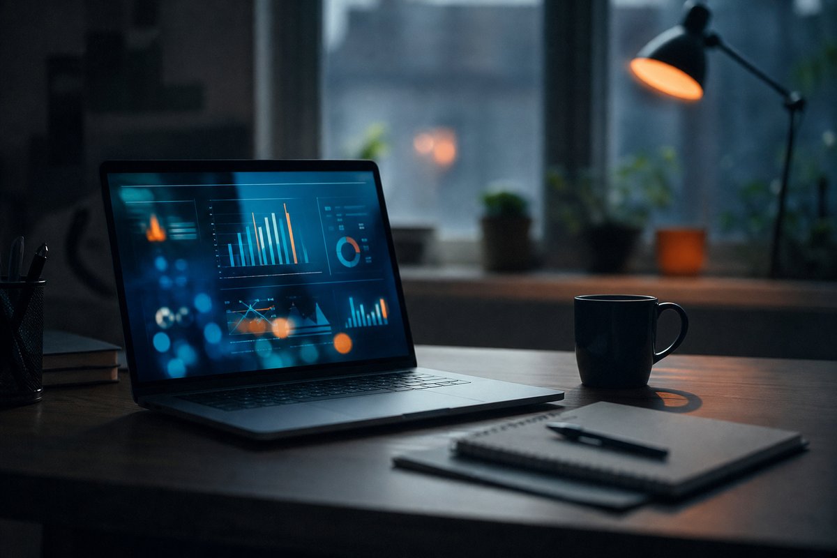 Laptop mit Analyse-Anzeige, Kaffeetasse und Notizbuch am Abend