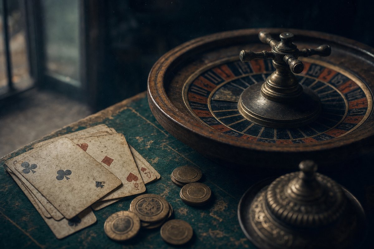 Antikes Roulette-Rad mit alten Spielkarten und Messing-Jetons auf grünem Filz