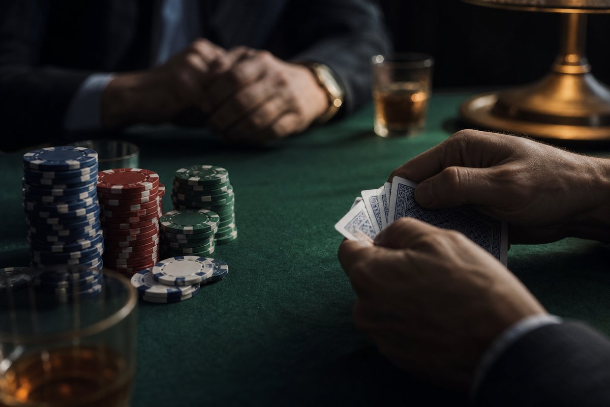 Smaragdgrüner Filz-Kartentisch mit gestapelten Pokerchips und aufgefächerten Karten, Messinglampe