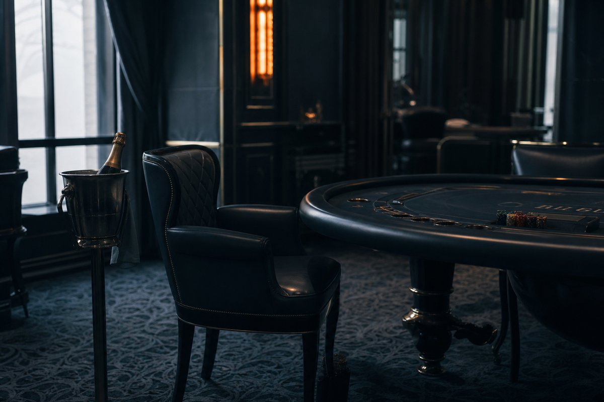 Einzelner Ledersessel an einem privaten Spieltisch in einem VIP-Salon