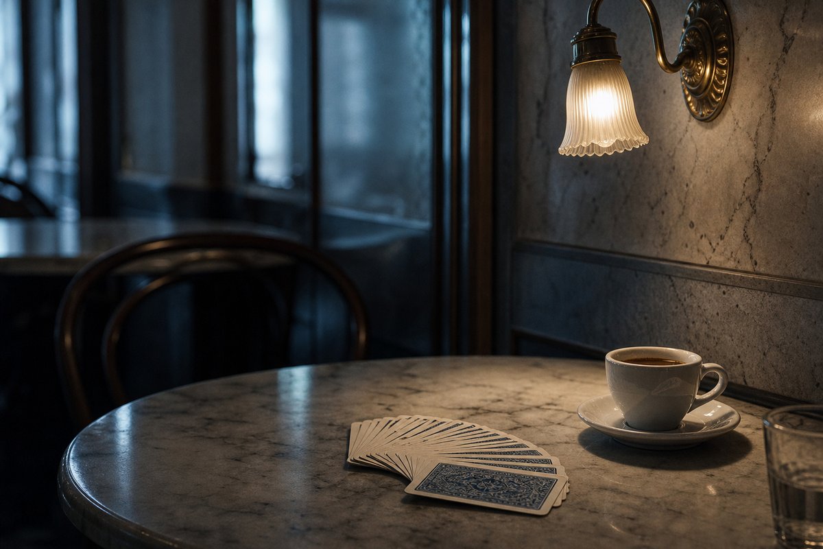 Wiener Kaffeehaus-Marmortisch mit aufgefächerten Spielkarten neben einer Espressotasse