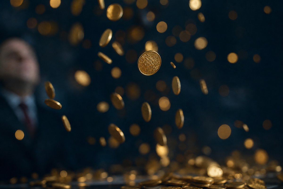 Goldene Münzen fallen durch die Dunkelheit mit funkelndem Bokeh