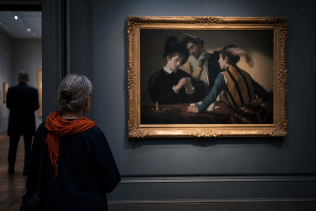 Vergoldeter Rahmen mit klassischem Kartenspieler-Gemälde an einer Museumswand