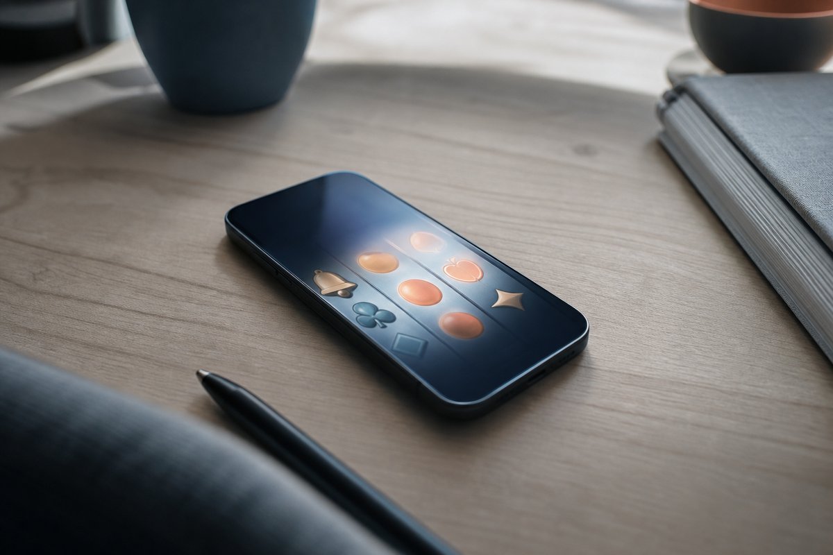 Smartphone mit leuchtenden abstrakten Walzensymbolen auf einem minimalistischen skandinavischen Schreibtisch
