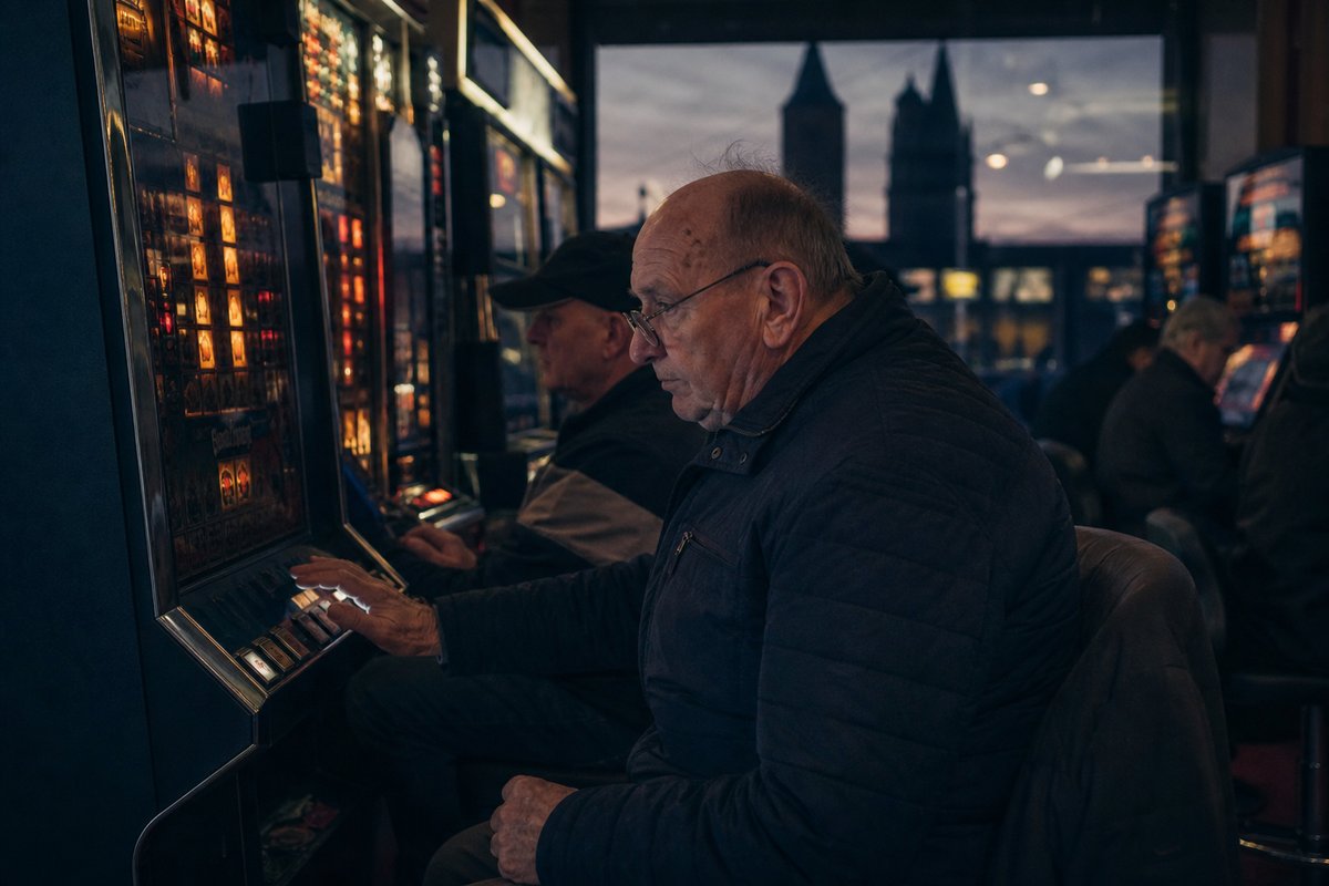 Klassische Spielhalle mit leuchtenden Automatenreihen in warmem Licht