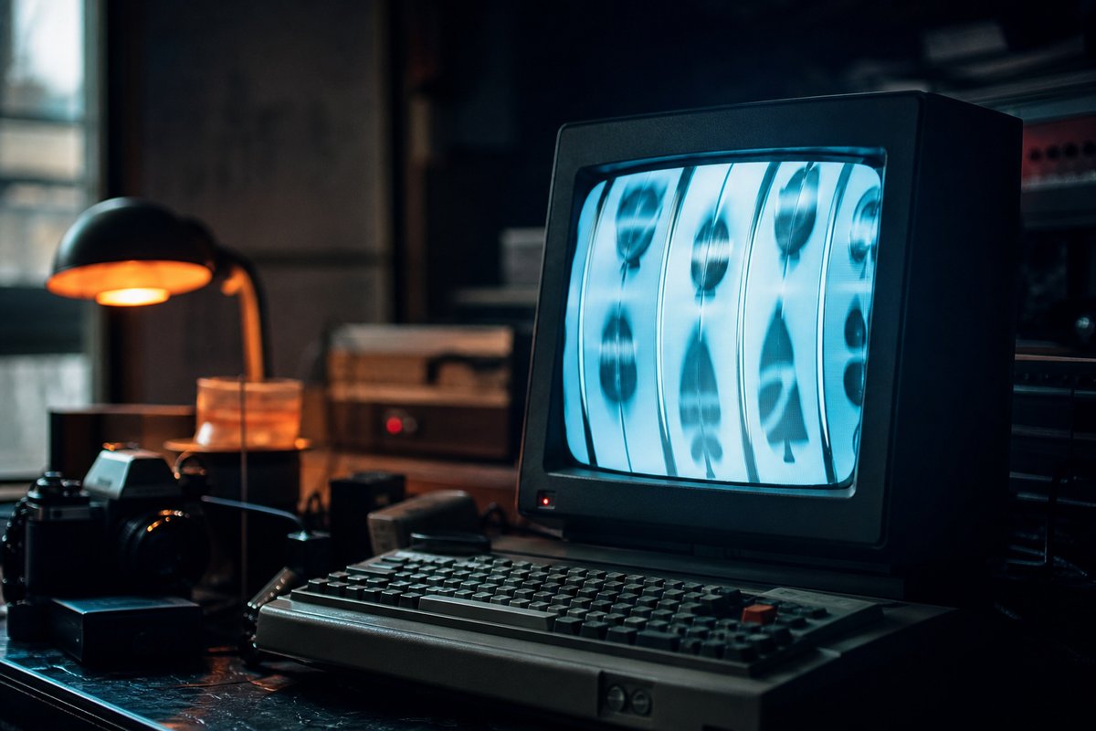 Röhrenmonitor mit leuchtendem abstraktem Walzenbildschirm auf einem Retro-Computertisch