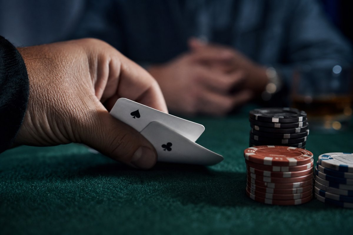 Leicht angehobene Pokerkarten über grünem Filz mit Chipstapeln