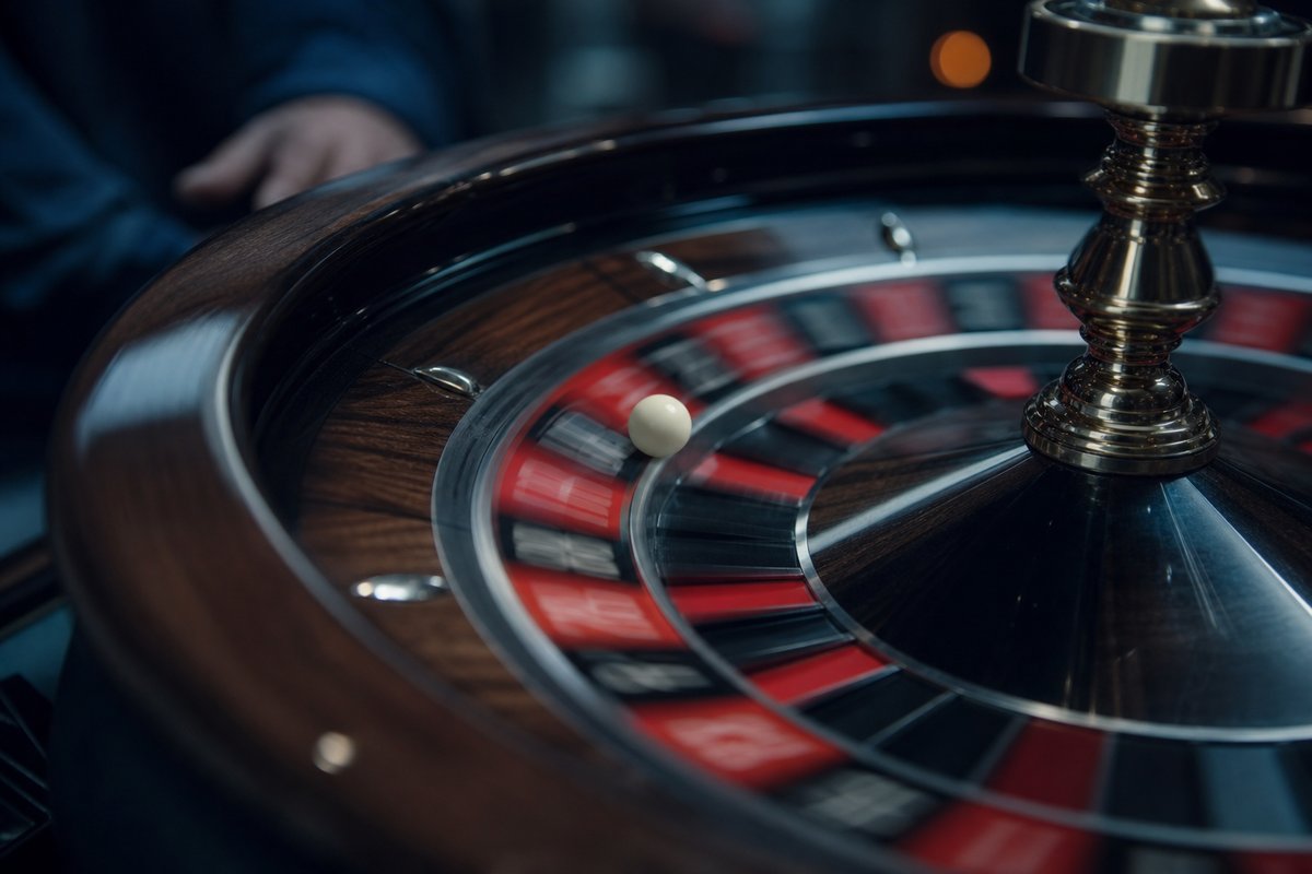 Europäisches Roulette-Rad in Bewegung mit scharf fokussierter Kugel