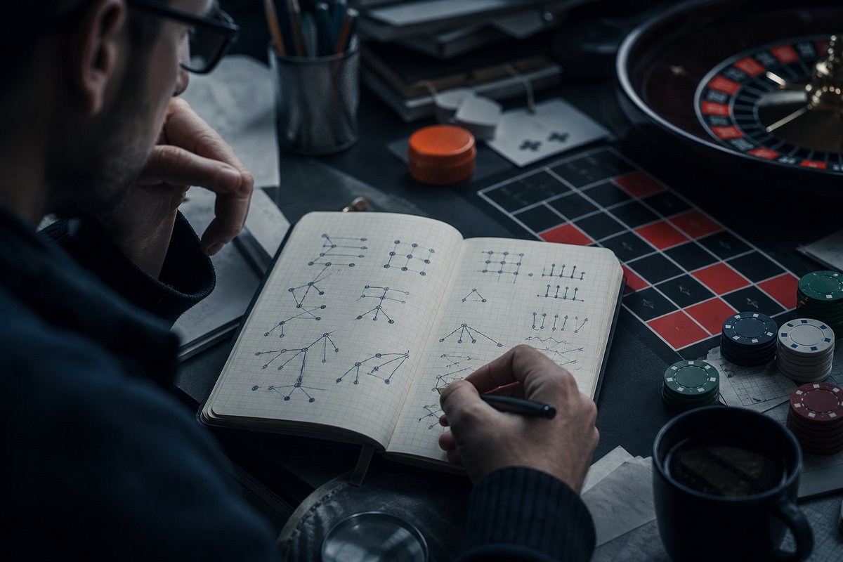 Notizbuch mit Wettprogressions-Skizzen neben einem Roulette-Tableau