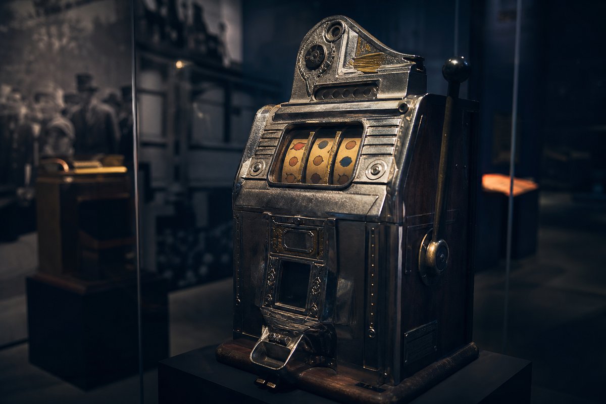 Historischer mechanischer Spielautomat mit Messing-Details im Museumslicht