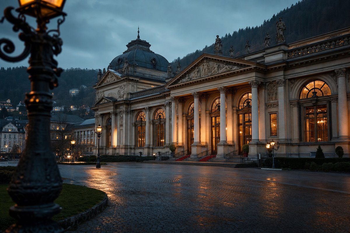 Klassizistisches Spielbank-Gebäude in einer deutschen Kurstadt bei Abenddämmerung