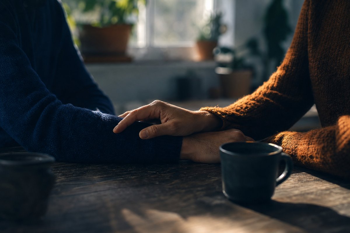Eine Hand liegt unterstützend auf dem Unterarm einer anderen Person