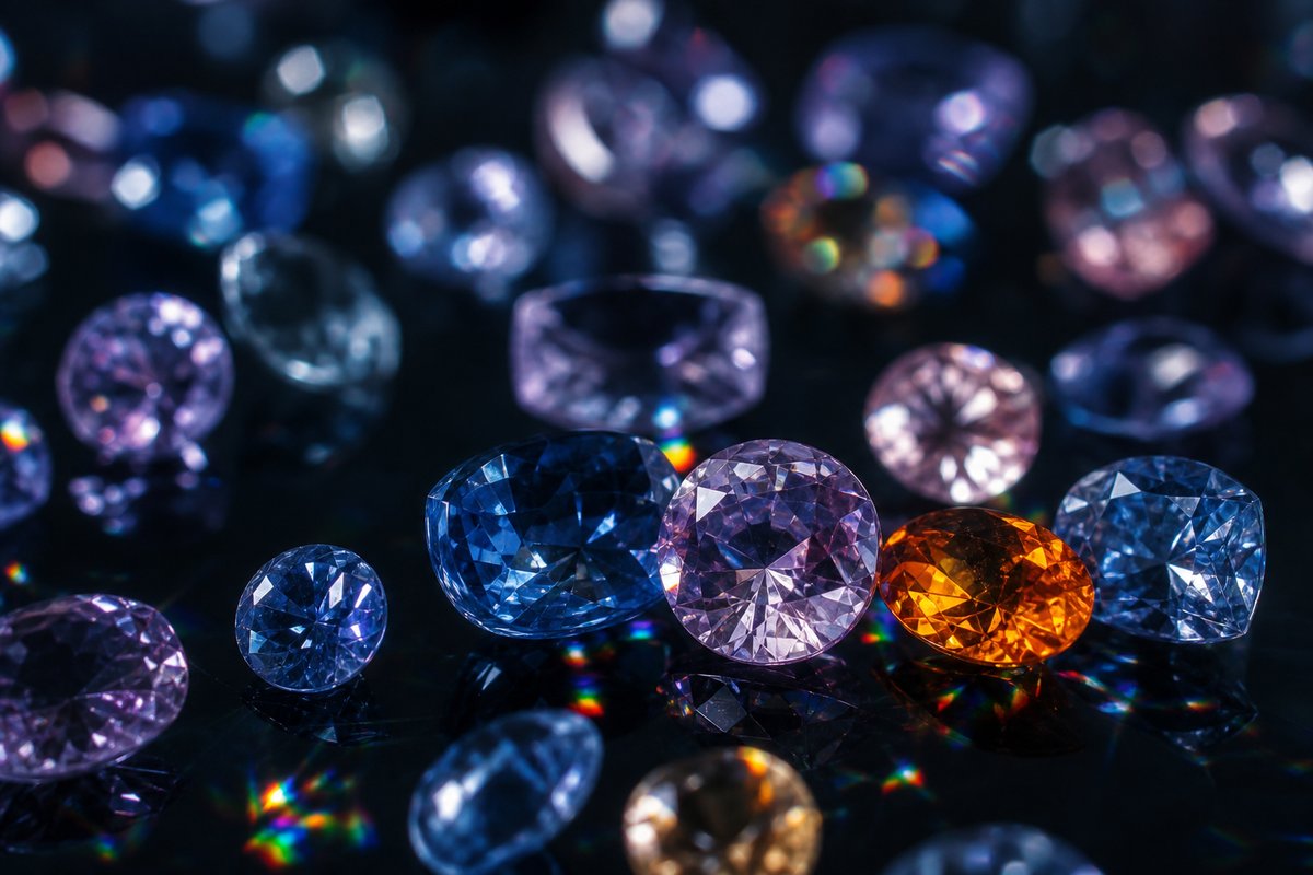 Bunte facettierte Edelsteine mit prismatischen Lichtreflexen auf schwarzem Glas