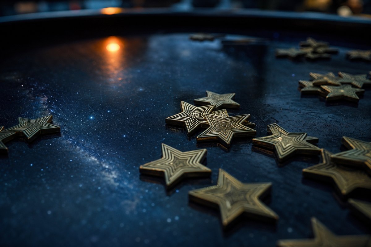 Sternförmige goldene Casino-Chips verstreut auf einem dunklen Tisch unter einer Sternenhimmel-Reflexion