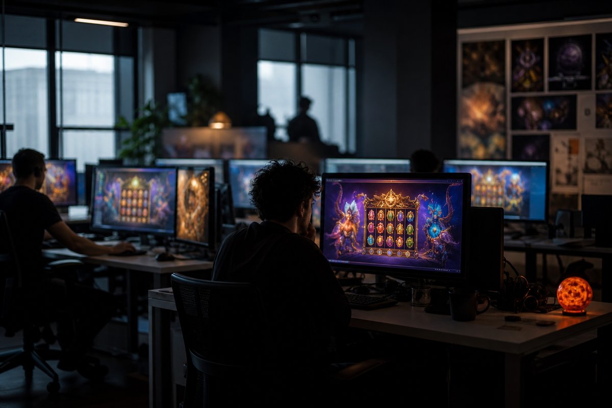 Monitore mit bunter Spielgrafik in einem dunklen Entwicklerstudio