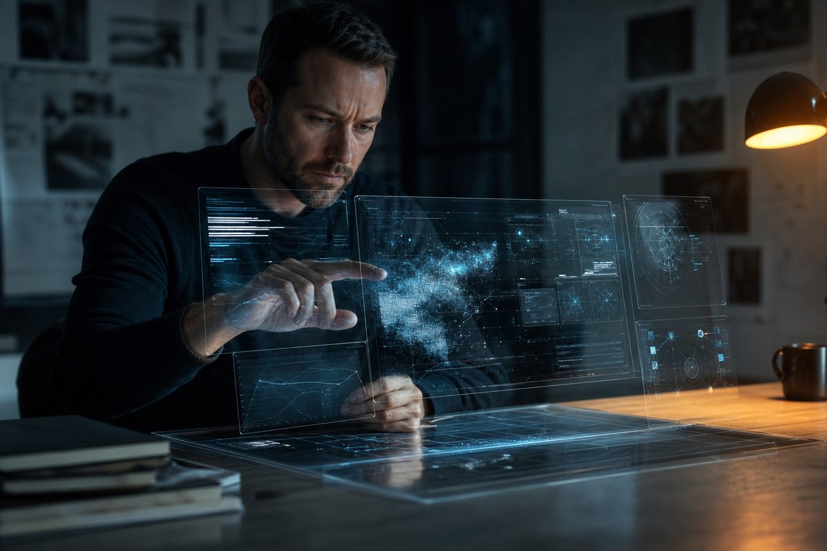 Transparente holografische Datenpaneele über einem dunklen Schreibtisch