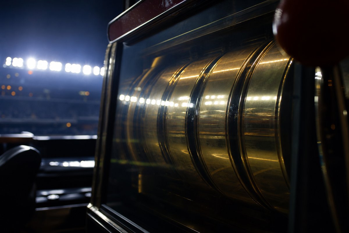 Stadion-Flutlicht reflektiert in einer Reihe goldener Spielautomaten-Walzen