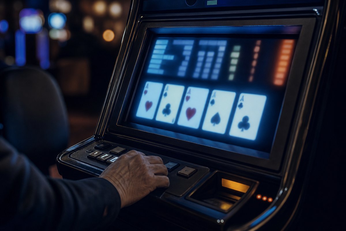 Leuchtender Video-Poker-Bildschirm in einem dunklen Raum