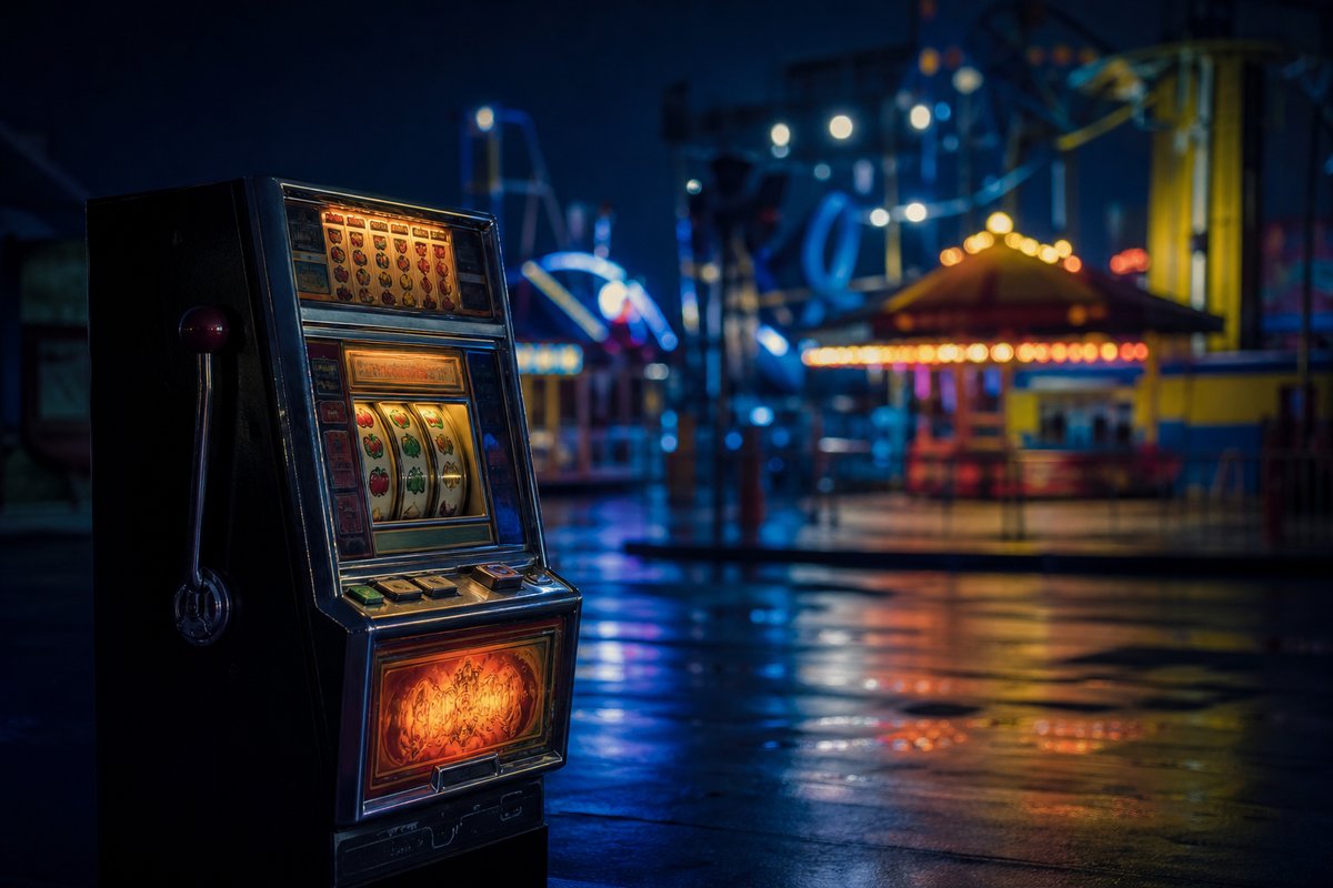 Bunte Karnevals-Lichter-Bokeh über einem beleuchteten Vintage-Spielautomaten auf einem nächtlichen Jahrmarkt