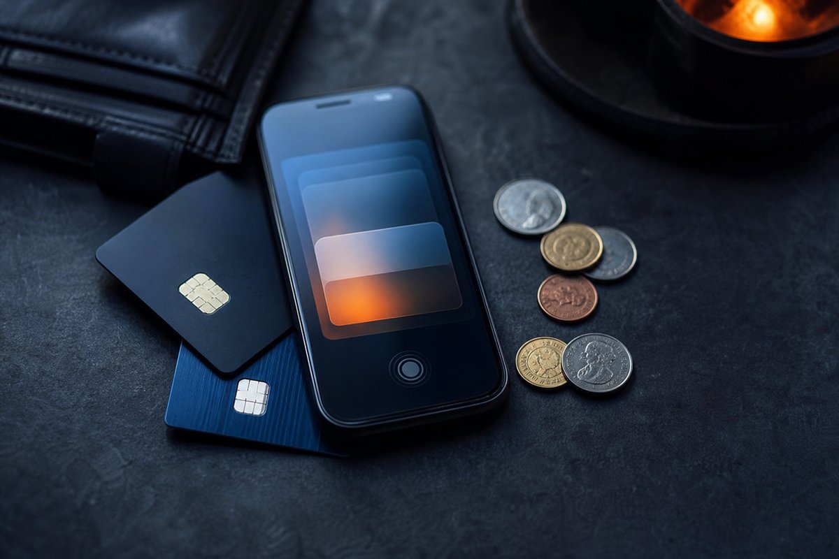 Bankkarten, Smartphone mit Wallet-Anzeige und Münzen auf dunkler Fläche