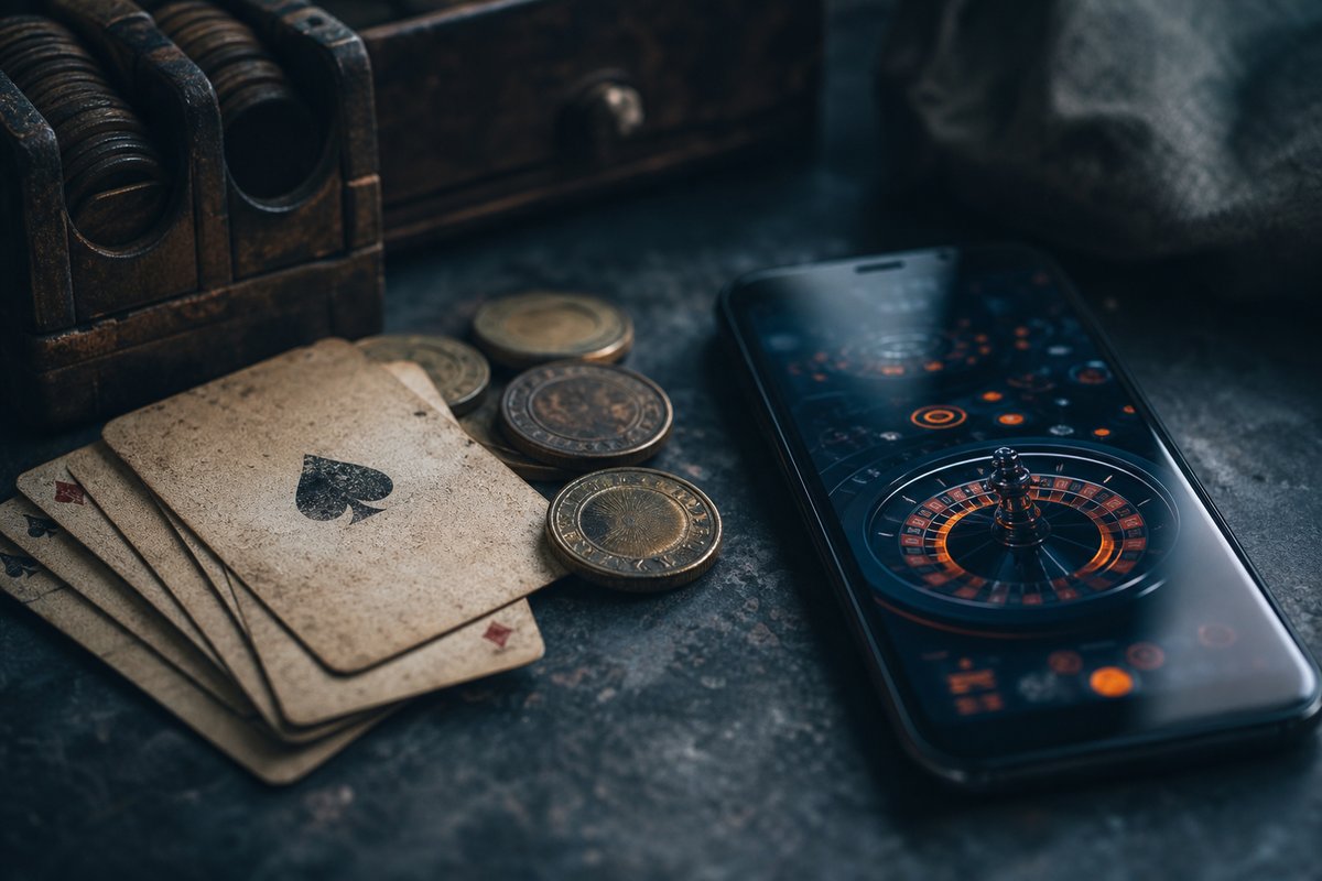 Antike Spielkarten und Messingmarken neben einem modernen Smartphone