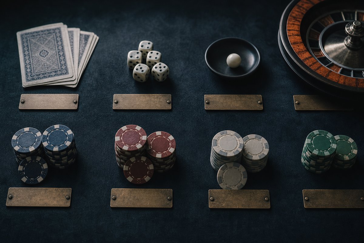 Casinospiel-Utensilien wie Museumsexponate angeordnet auf dunklem Filz