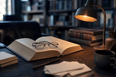 Aufgeschlagenes Nachschlagewerk mit Lesebrille am Schreibtisch